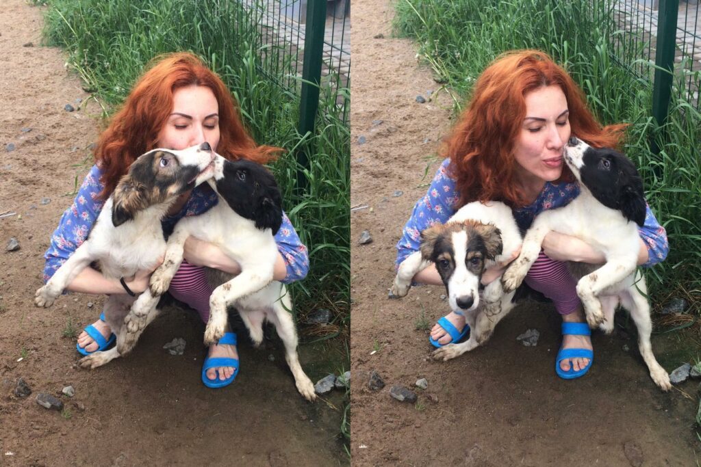 Женщина с рыжими волосами обнимает двух щенков на улице, целуя их в мордочки.