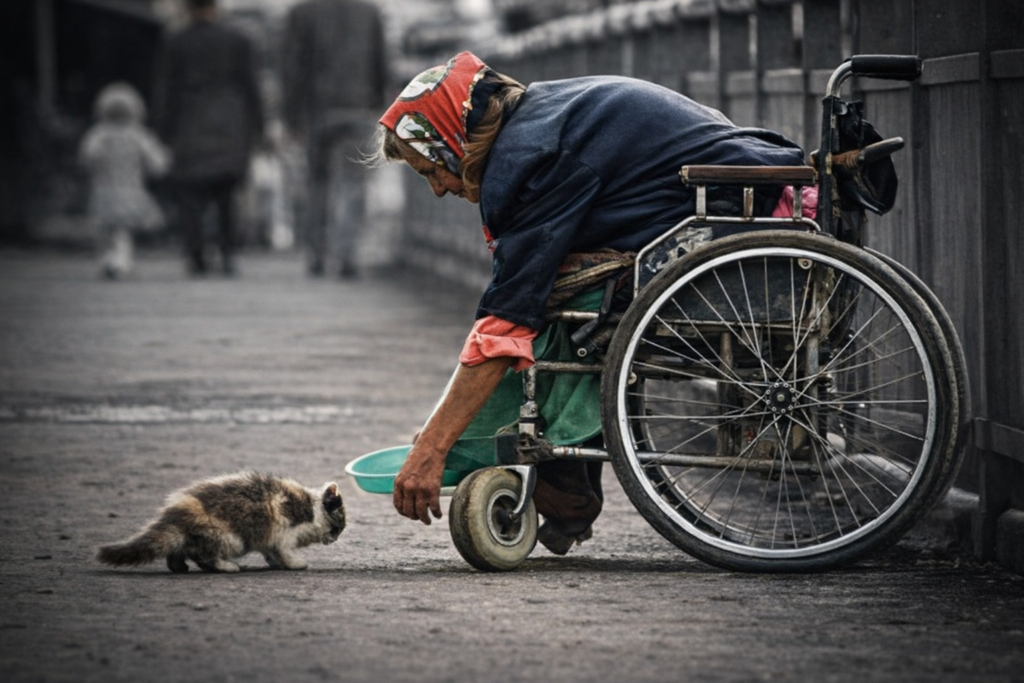 Старушка в инвалидном кресле кормит бездомного котенка